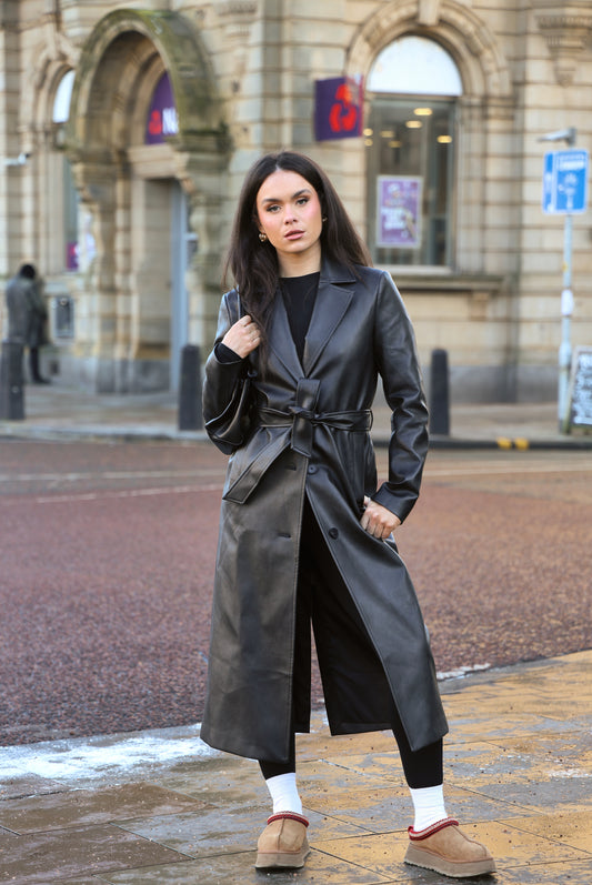 CHARCOAL LEATHER TRENCH